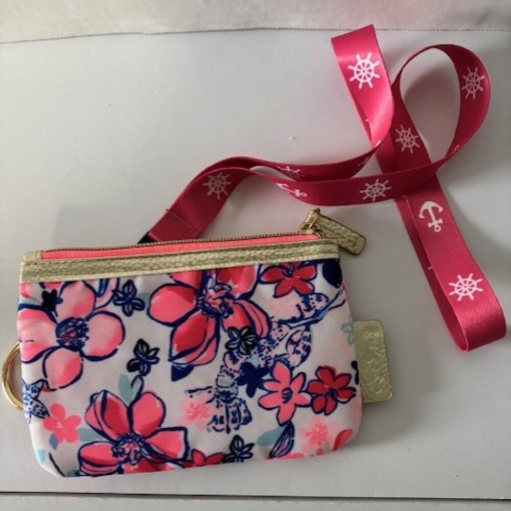 Lilly Pulitzer Floral Zip Pouch Bright Coastal Pink Blue Gold Preppy Resortwear
